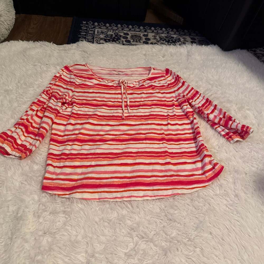 Talbots 3/4 Sleeve Blouse Pink, white, orange stripes Large Petite